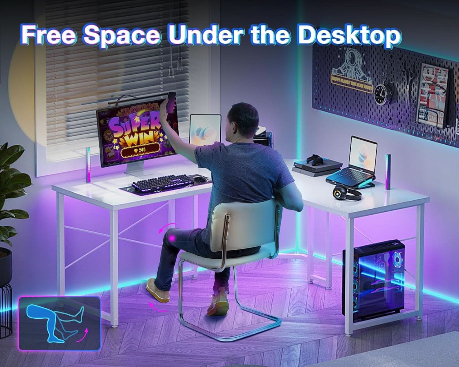 White L Shaped Gaming Desk 51 Inch Carbon Fiber Surface