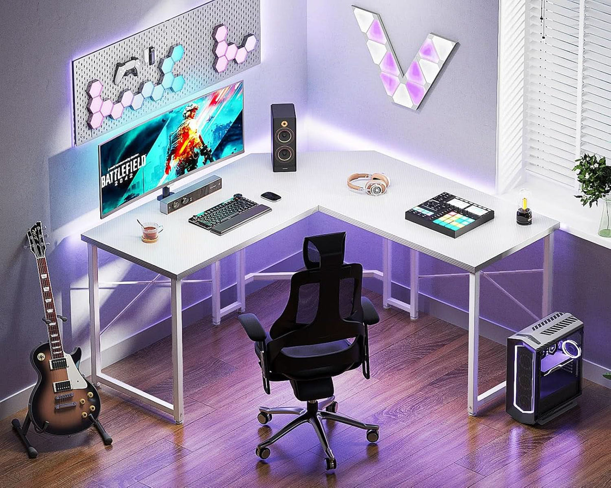 White L Shaped Gaming Desk 51 Inch Carbon Fiber Surface