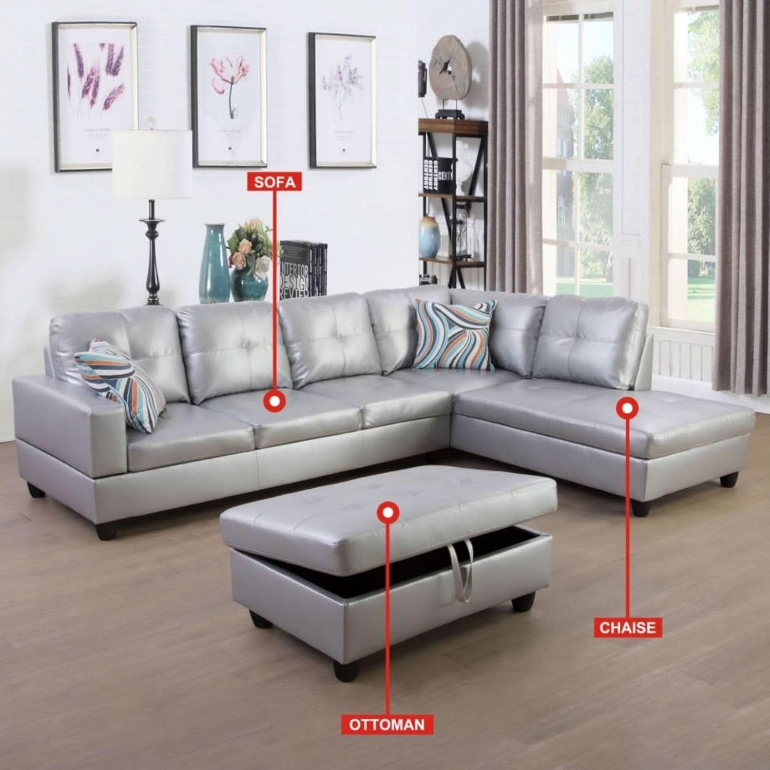 White L Shaped Sofa Set With Storage Ottoman 3 Piece