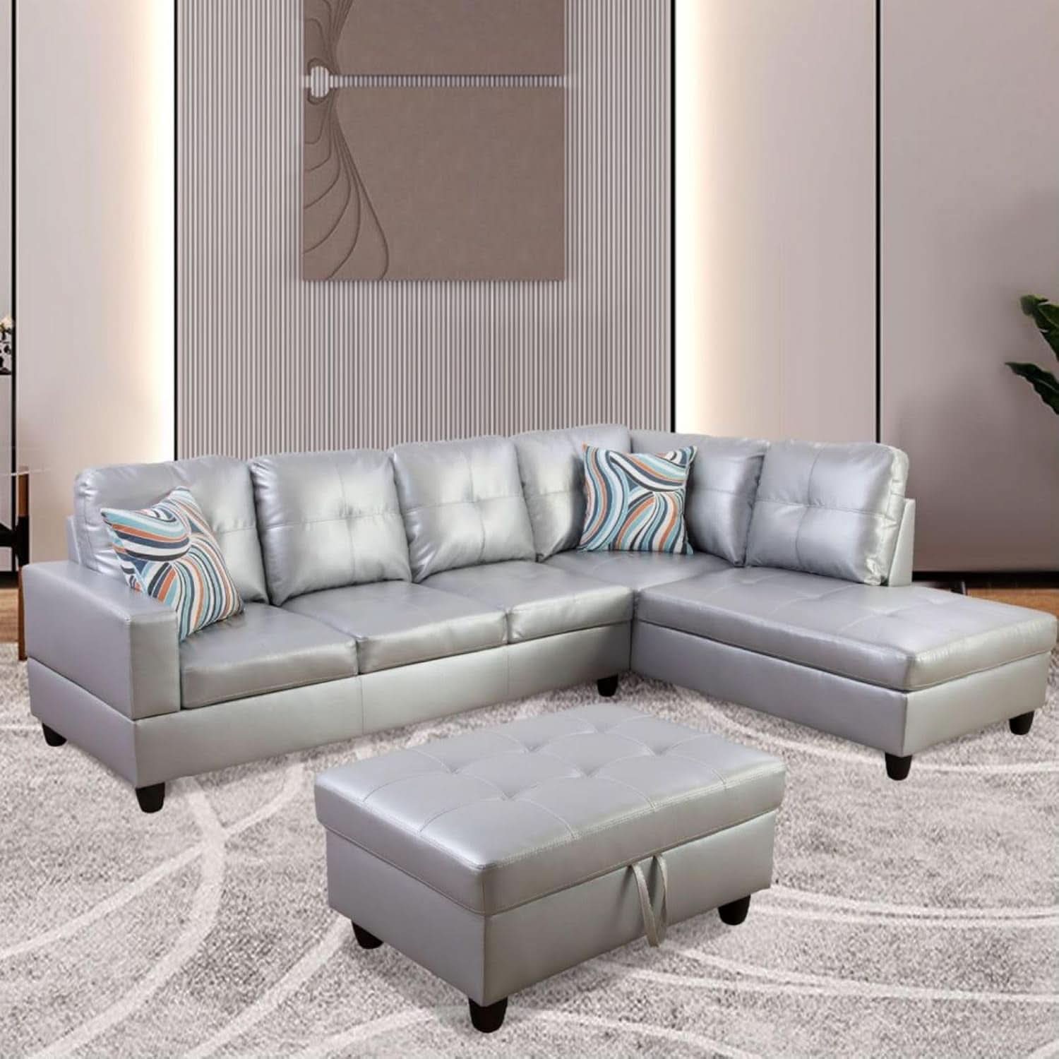 White L Shaped Sofa Set With Storage Ottoman 3 Piece