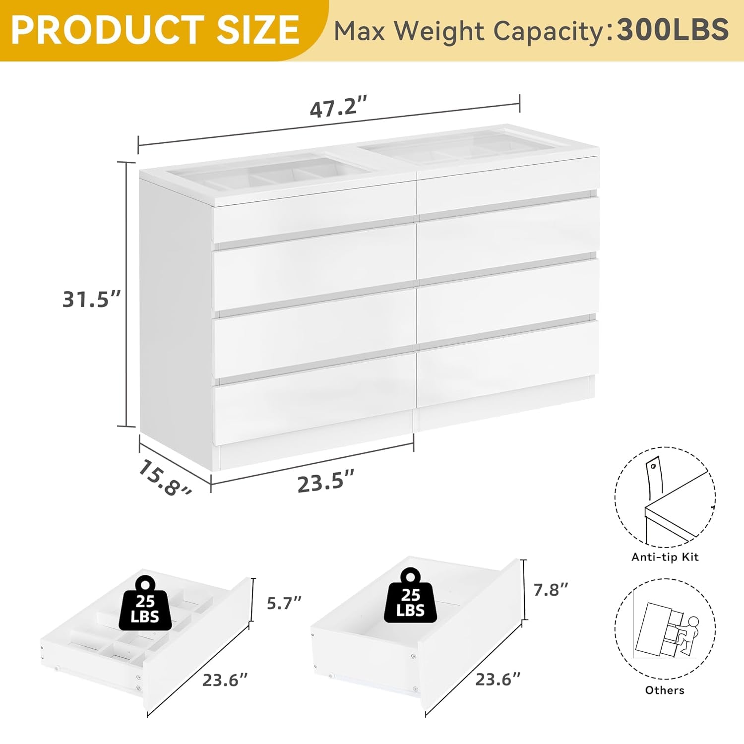 White LED Dresser With Tempered Glass Top 8 Drawers