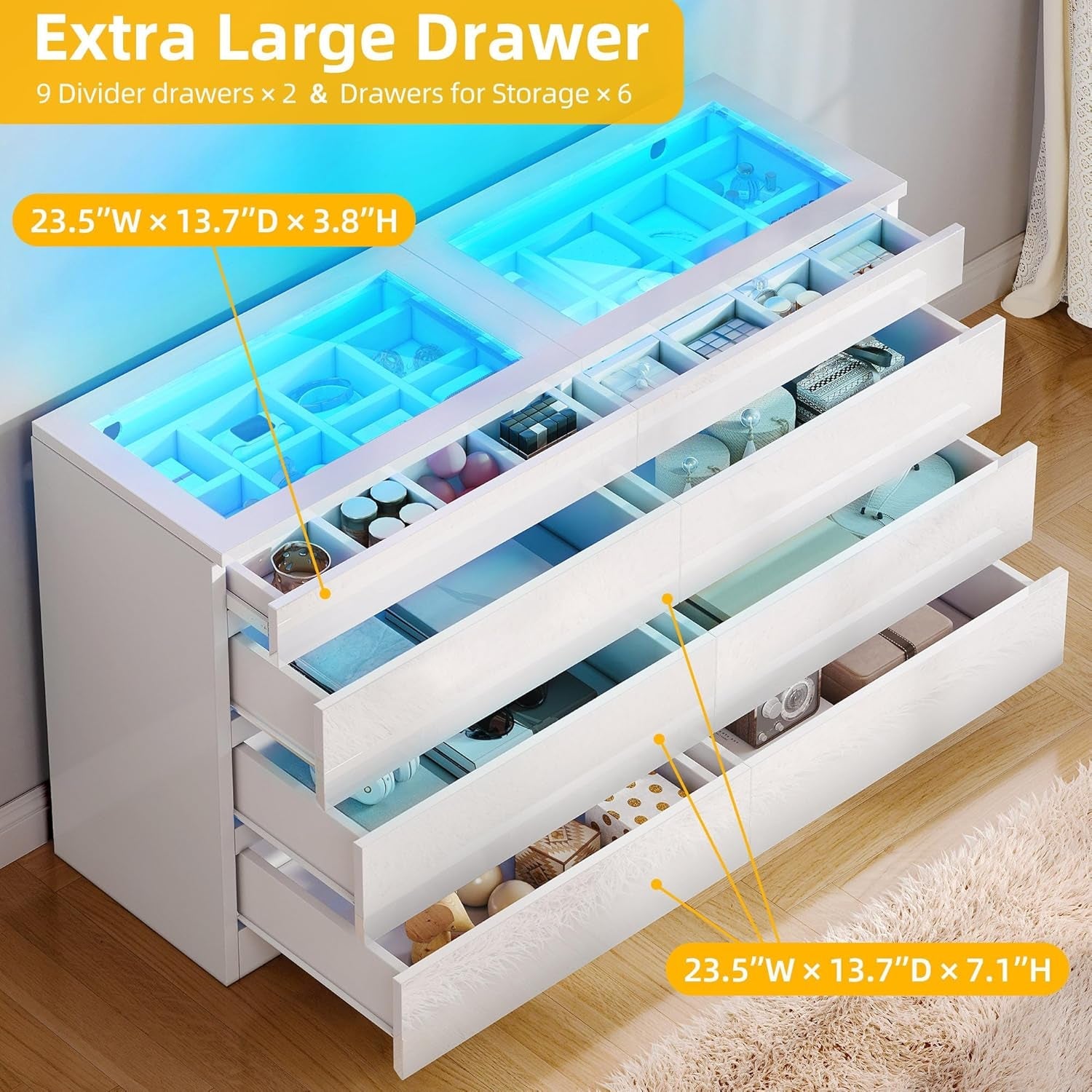 White LED Dresser With Tempered Glass Top 8 Drawers