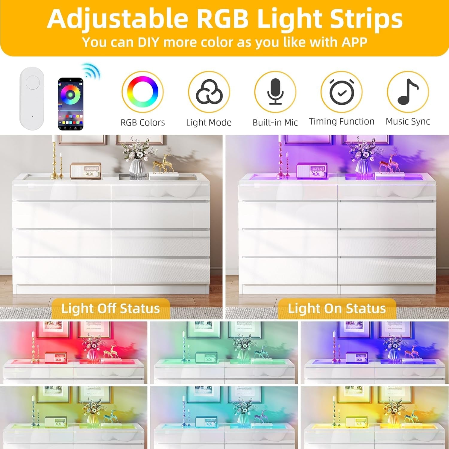 White LED Dresser With Tempered Glass Top 8 Drawers