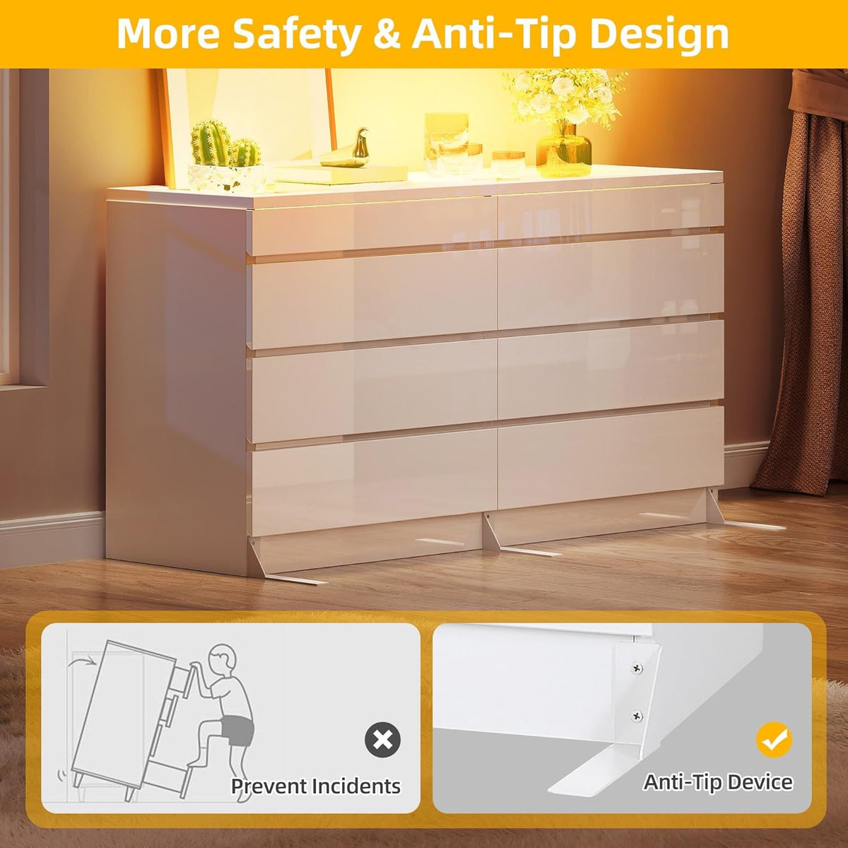 White LED Dresser With Tempered Glass Top 8 Drawers