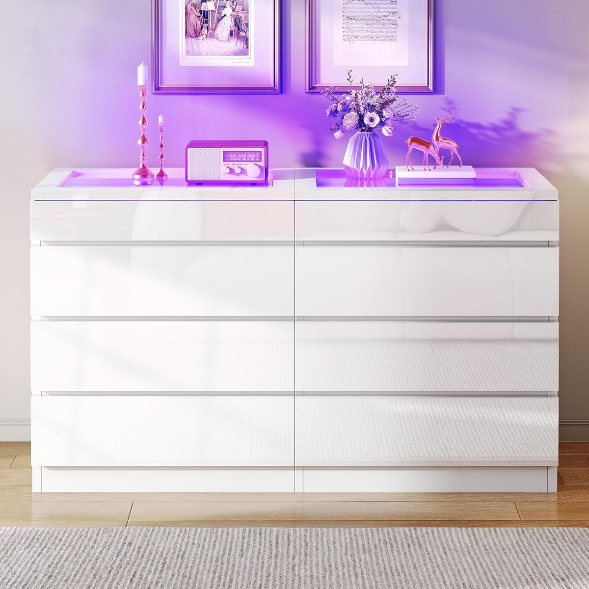 White LED Dresser With Tempered Glass Top 8 Drawers