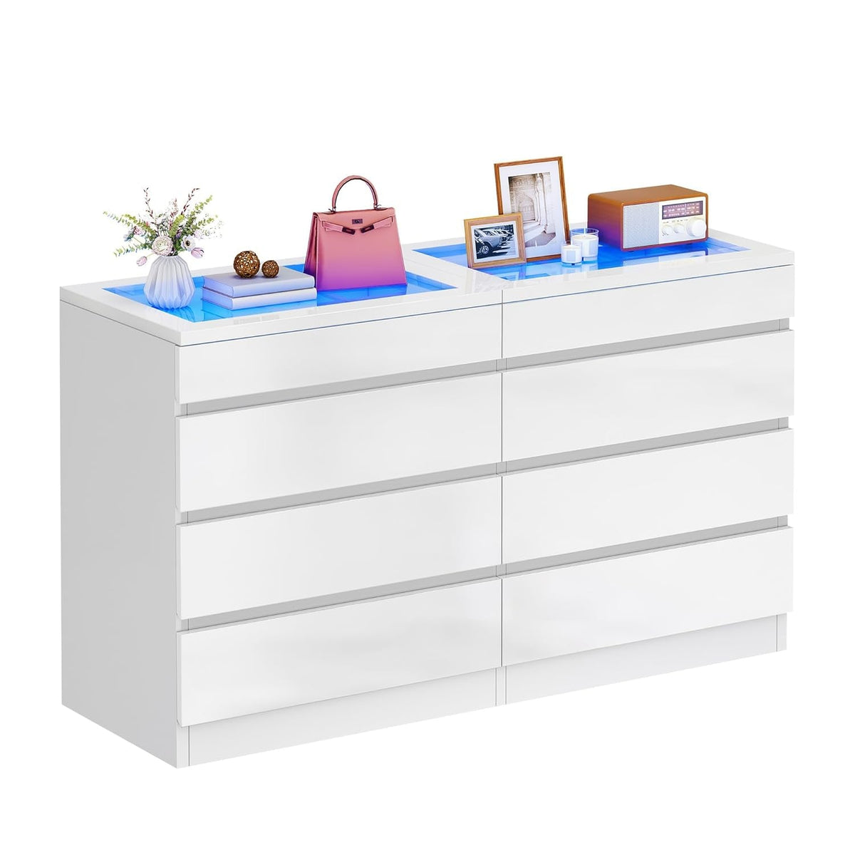 White LED Dresser With Tempered Glass Top 8 Drawers