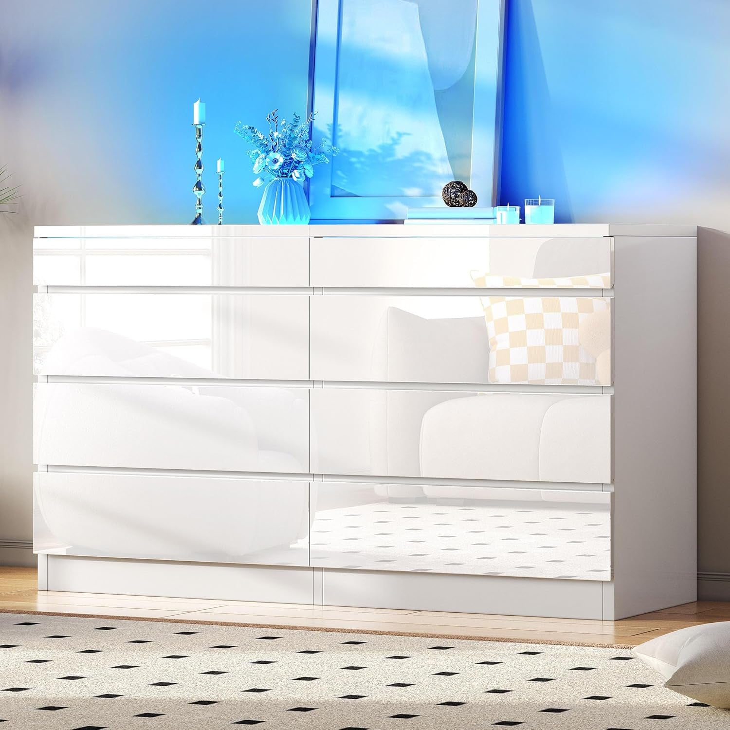 White LED Dresser With Tempered Glass Top 8 Drawers