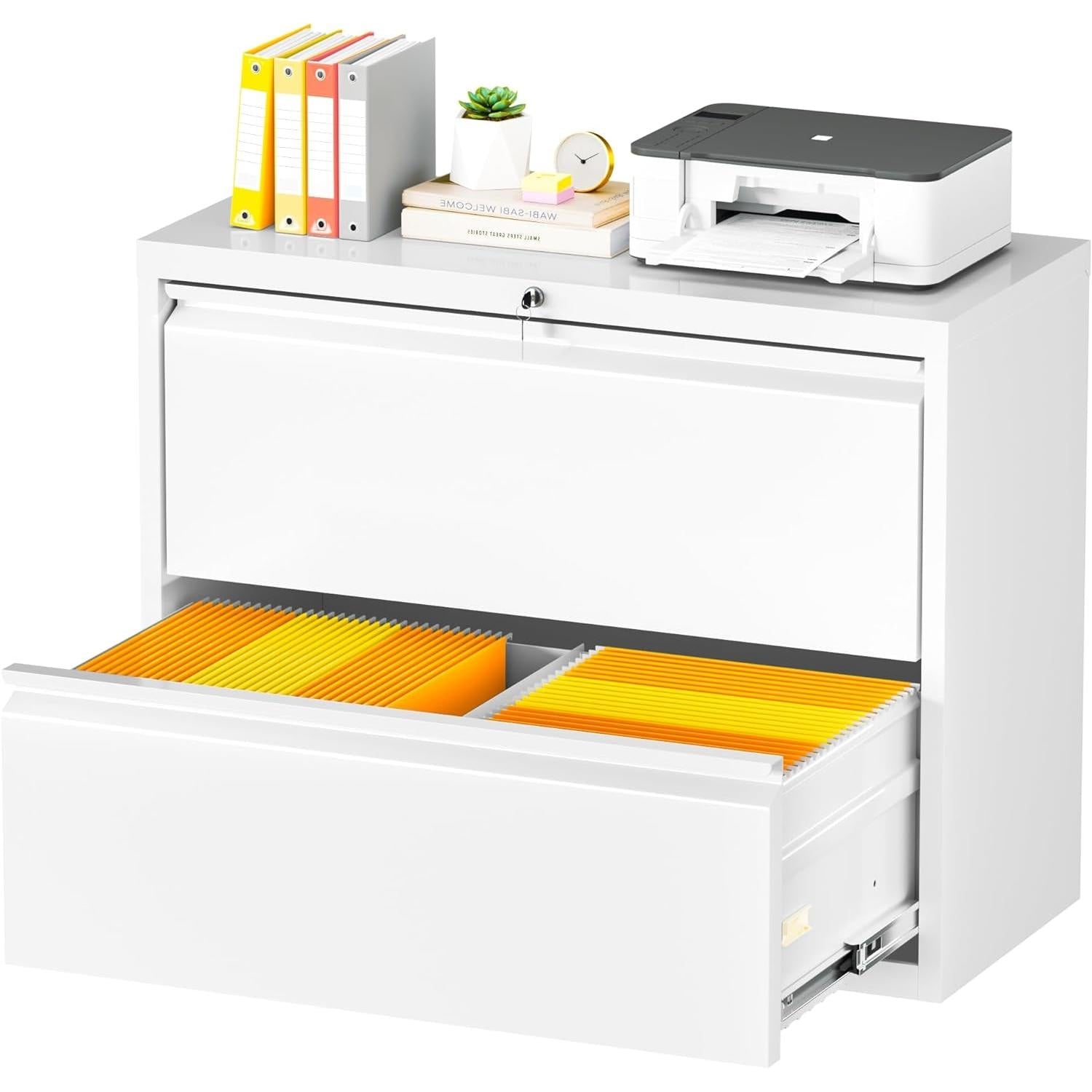 White Lateral File Cabinet With Two Lockable Drawers