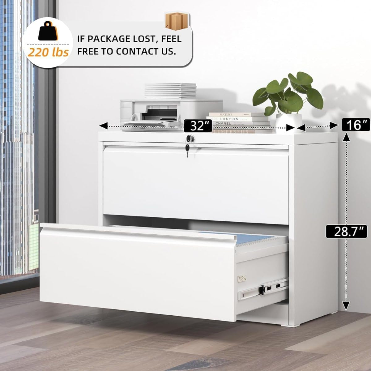 White Lateral File Cabinet With Two Lockable Drawers