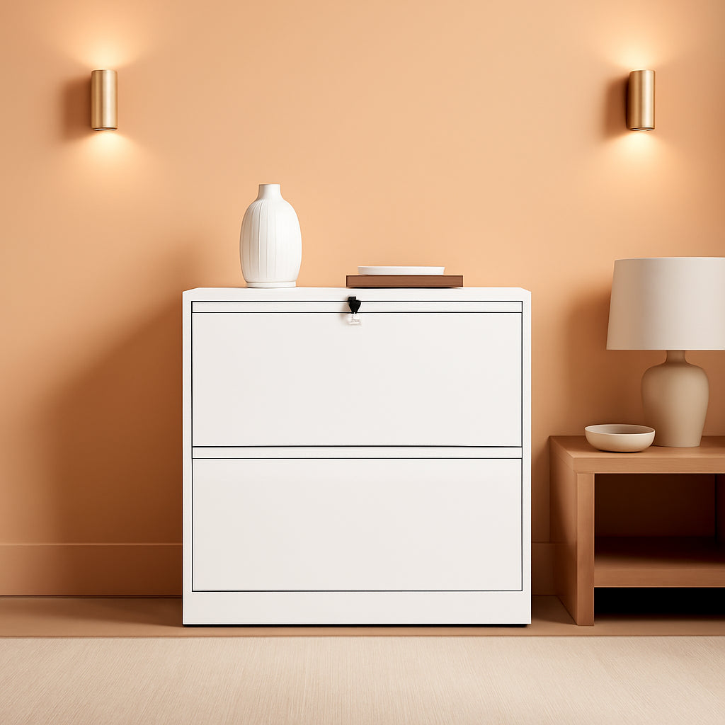White Lateral File Cabinet With Two Lockable Drawers