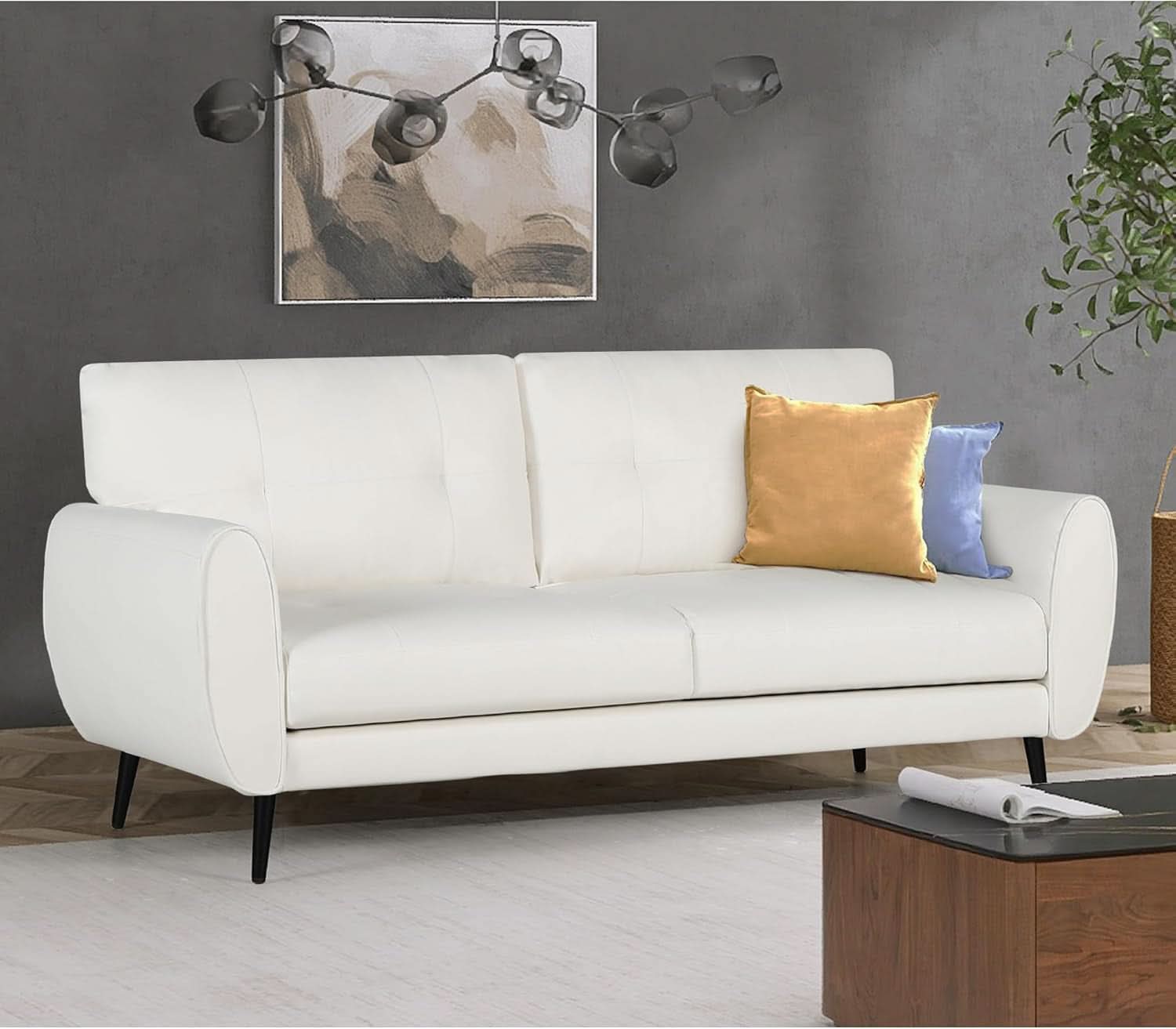White Leather Loveseat Mid Century Modern Button Tufted