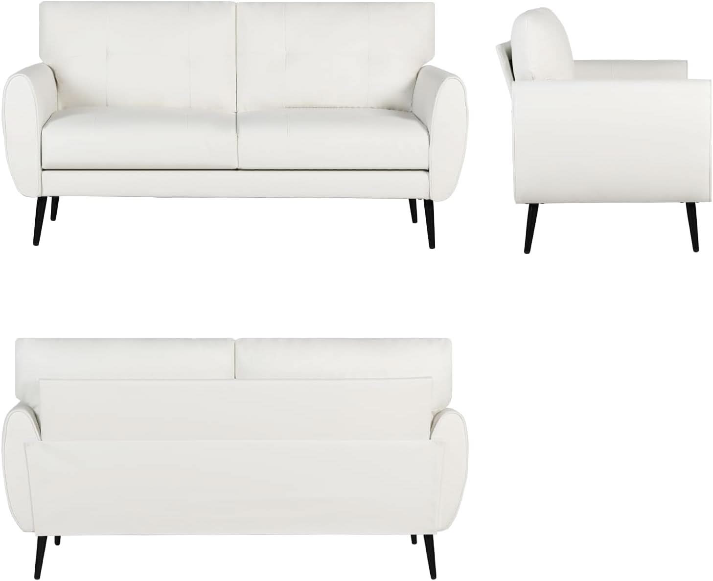 White Leather Loveseat Mid Century Modern Button Tufted