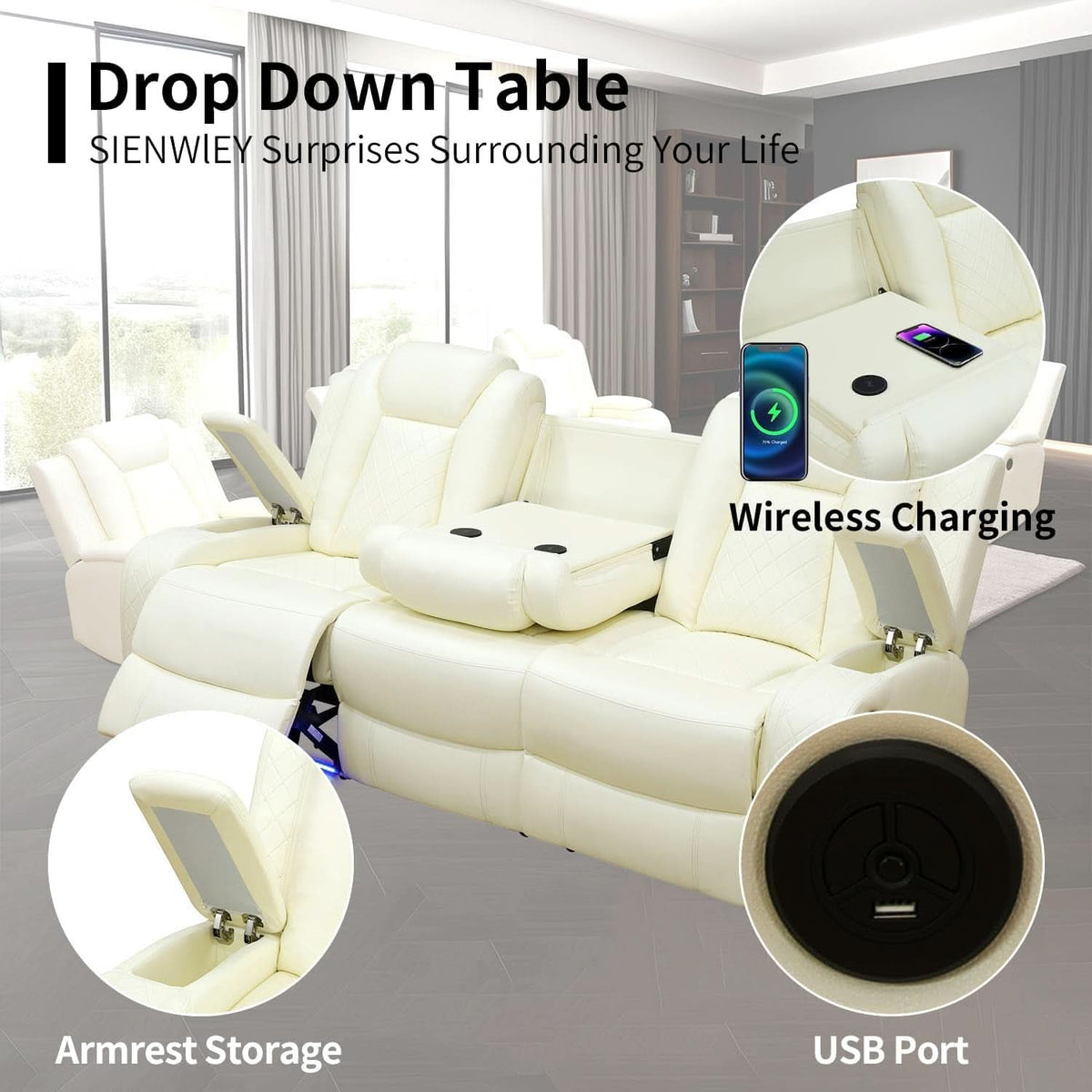 White Leather Power Reclining Sofa Set for Living Room