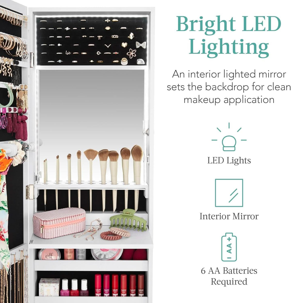 White Led Mirror Jewelry Cabinet With Lock And Drawers