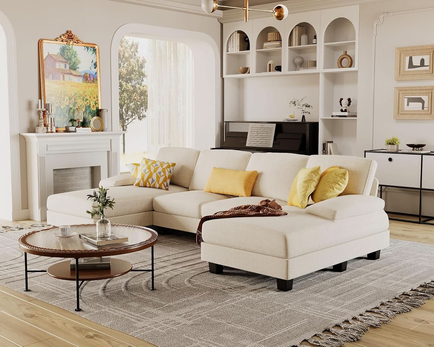 White Linen Sectional Sofa U Shaped 4 Seat Chaise Couch