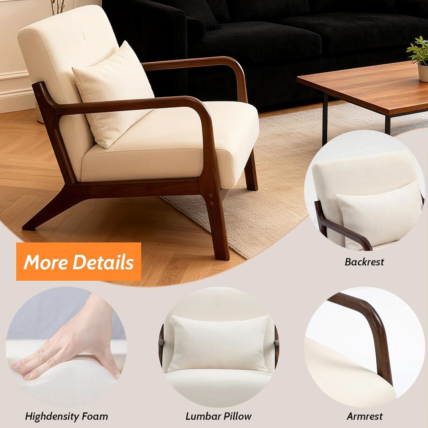 White Linen Upholstered Armchair With Premium Wood