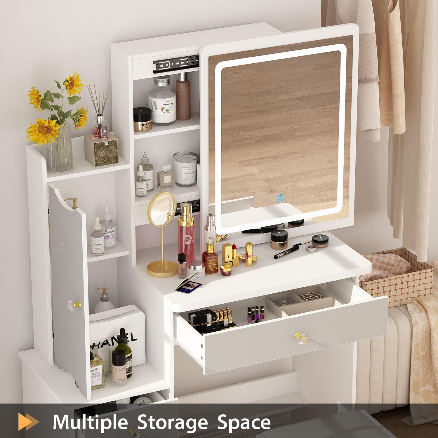 White Makeup Vanity Desk With Lighted Mirror And Drawers