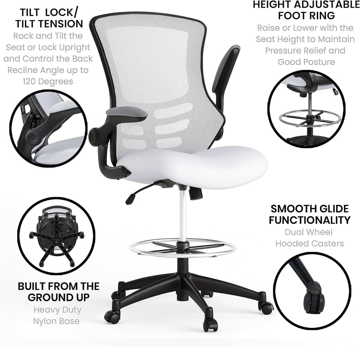 White Mesh Ergonomic Drafting Chair With Flip Up Arms