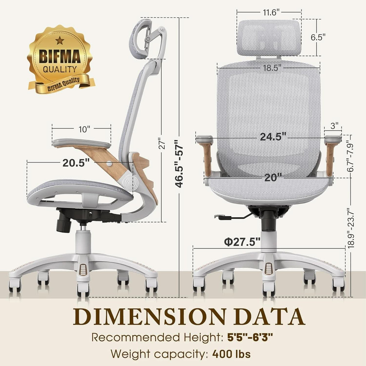 White Mesh Ergonomic Office Chair With Headrest Tilt 400Lbs
