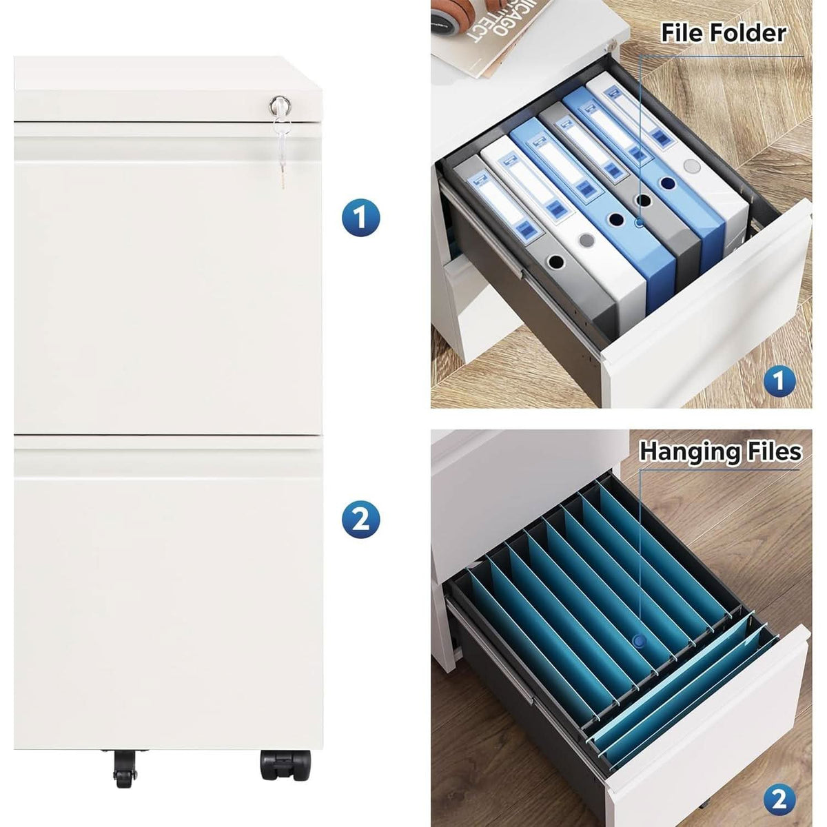 White Metal Mobile Filing Cabinet With Lock And Drawers