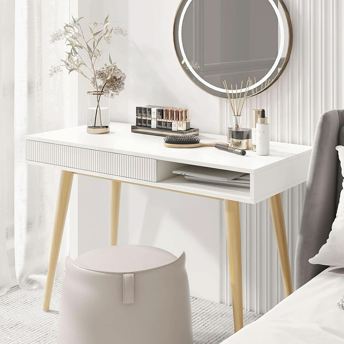 White Mid Century Modern Desk With Hidden Drawer For Home Office