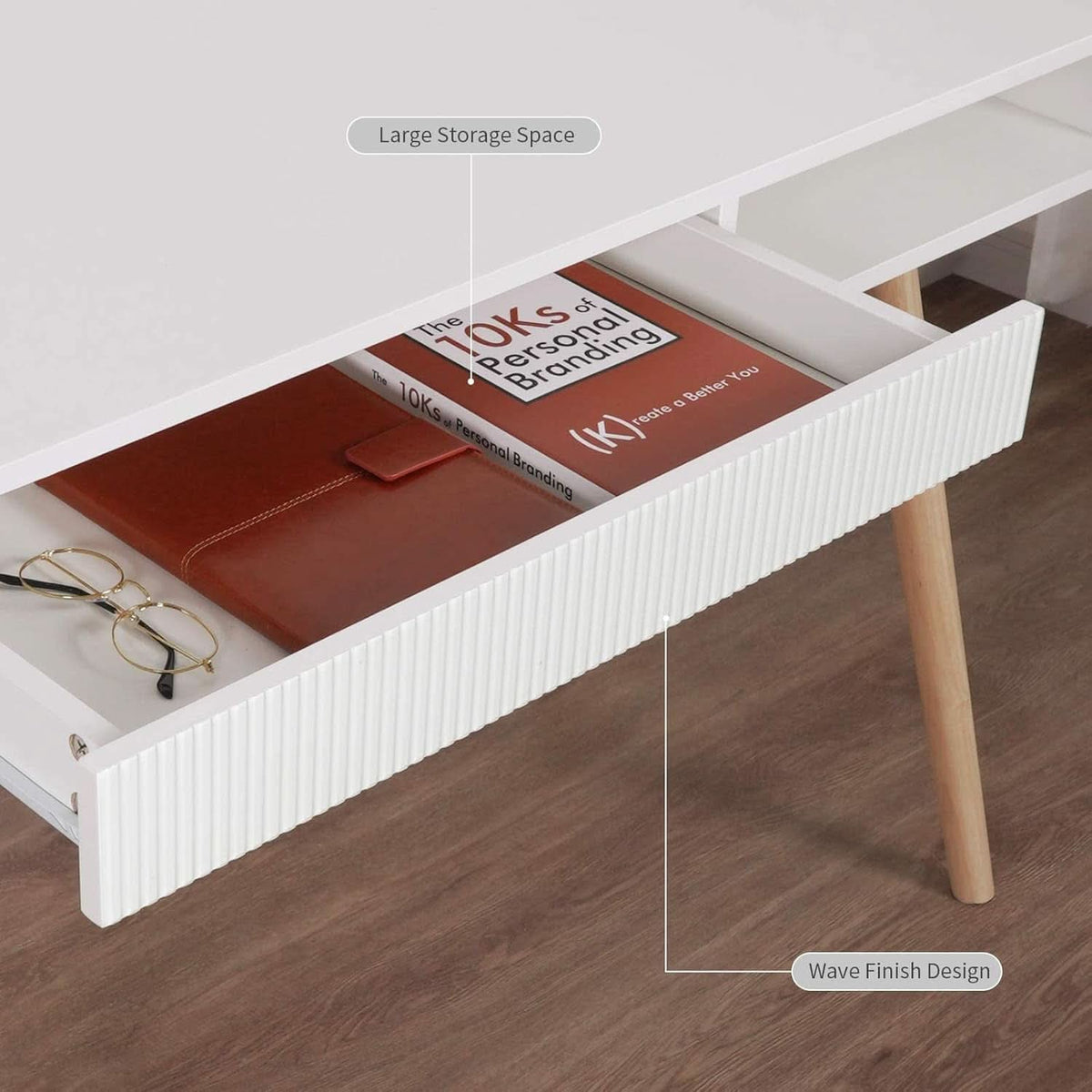 White Mid Century Modern Desk With Hidden Drawer For Home Office