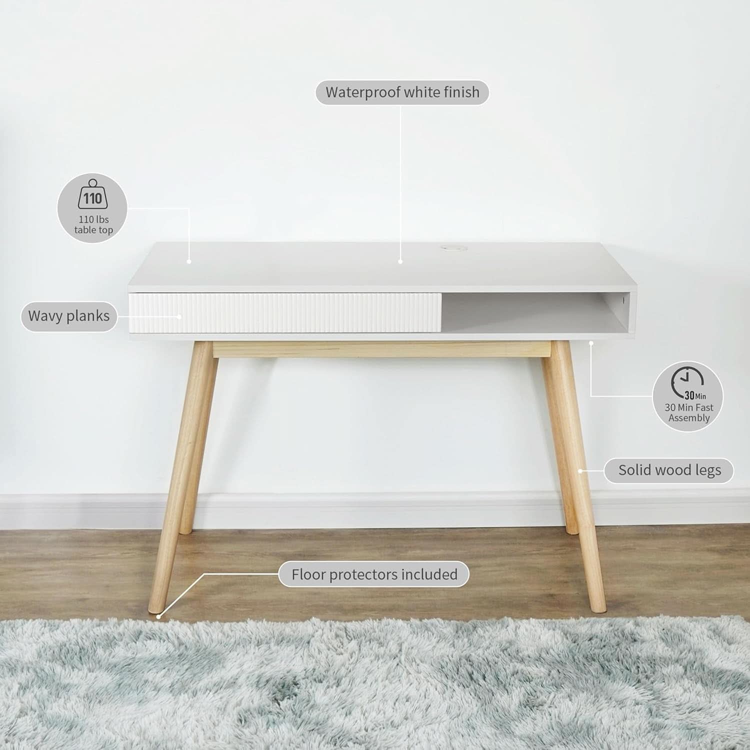 White Mid Century Modern Desk With Hidden Drawer For Home Office