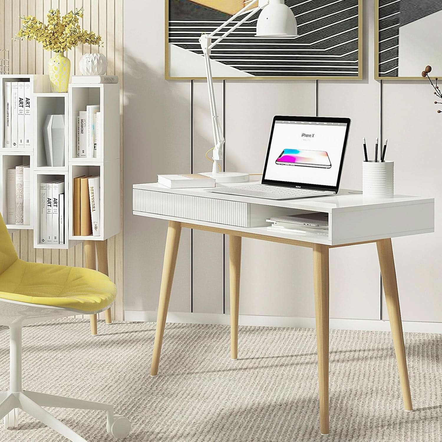White Mid Century Modern Desk With Hidden Drawer For Home Office
