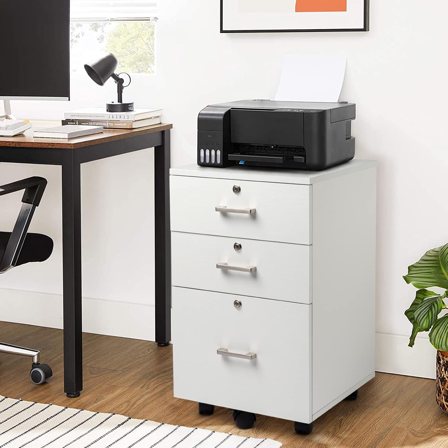 White Mobile File Cabinet 3 Drawer Lockable Office Storage