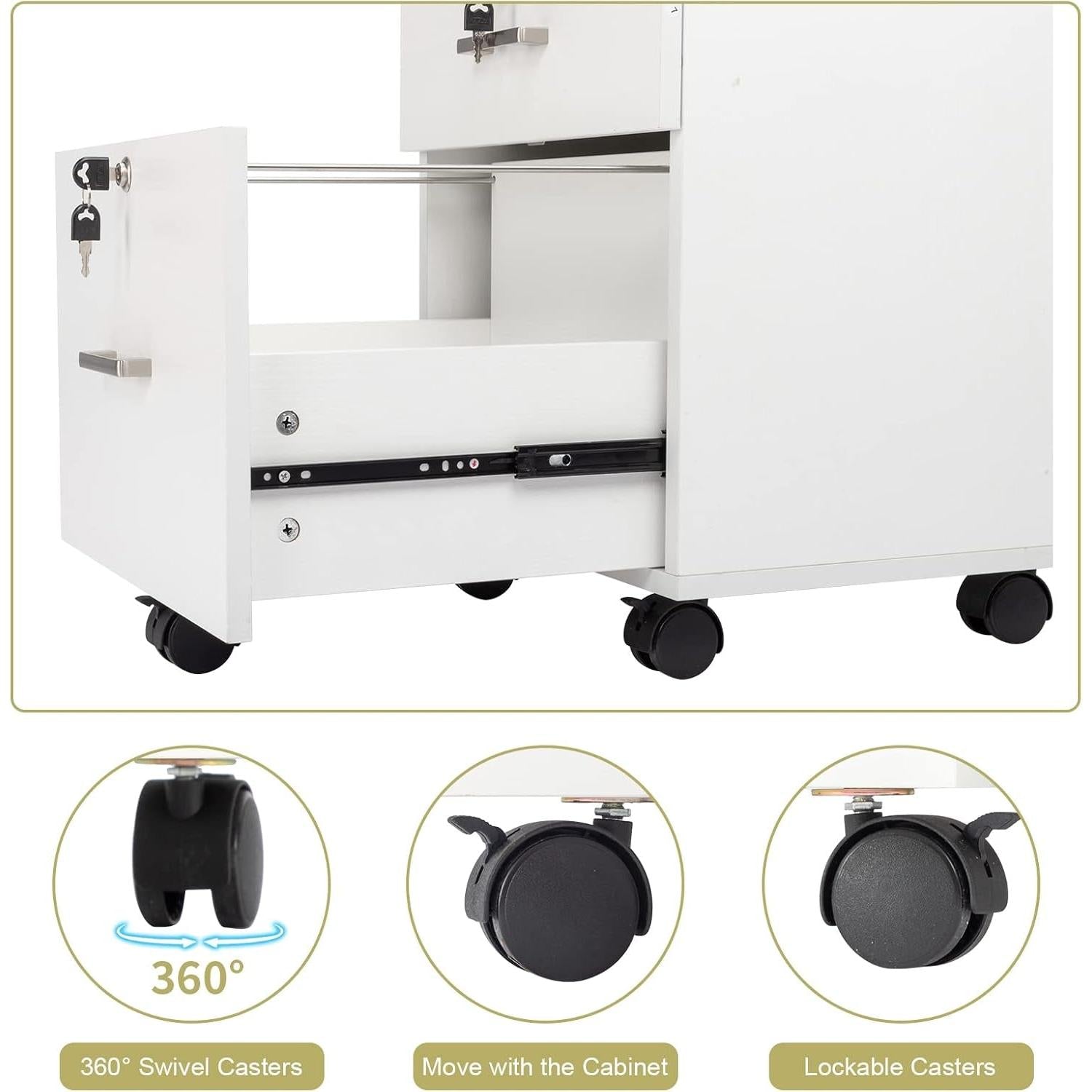 White Mobile File Cabinet 3 Drawer Lockable Office Storage