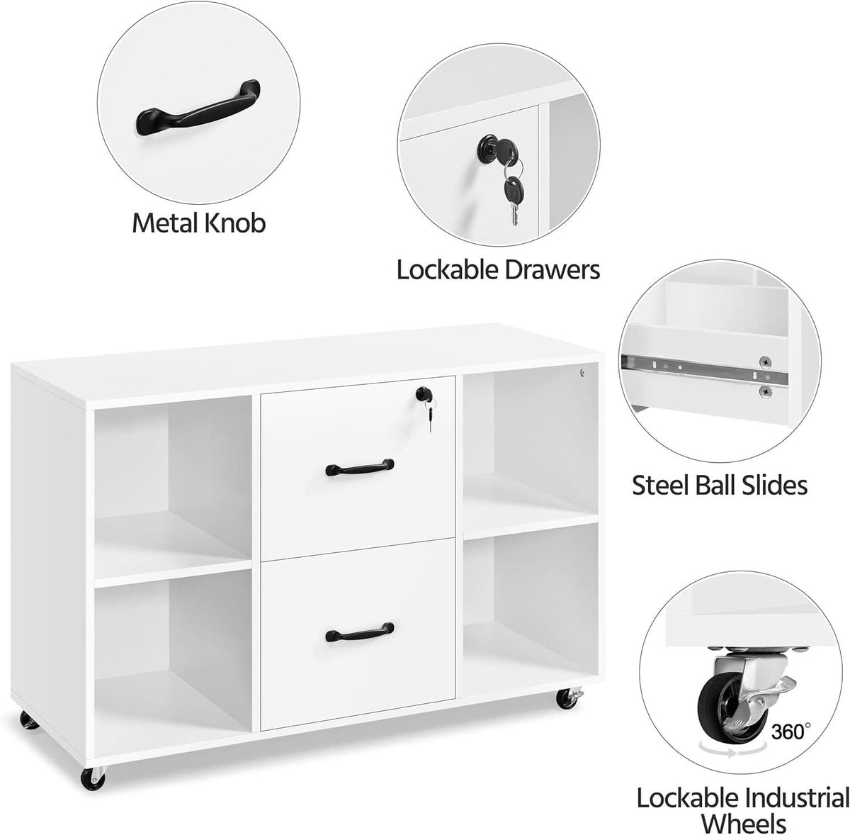 White Mobile Letter Size Lateral File Cabinet 2 Drawers