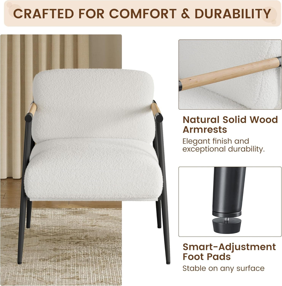 White Modern Accent Chair With Metal Frame And Wood Armrests