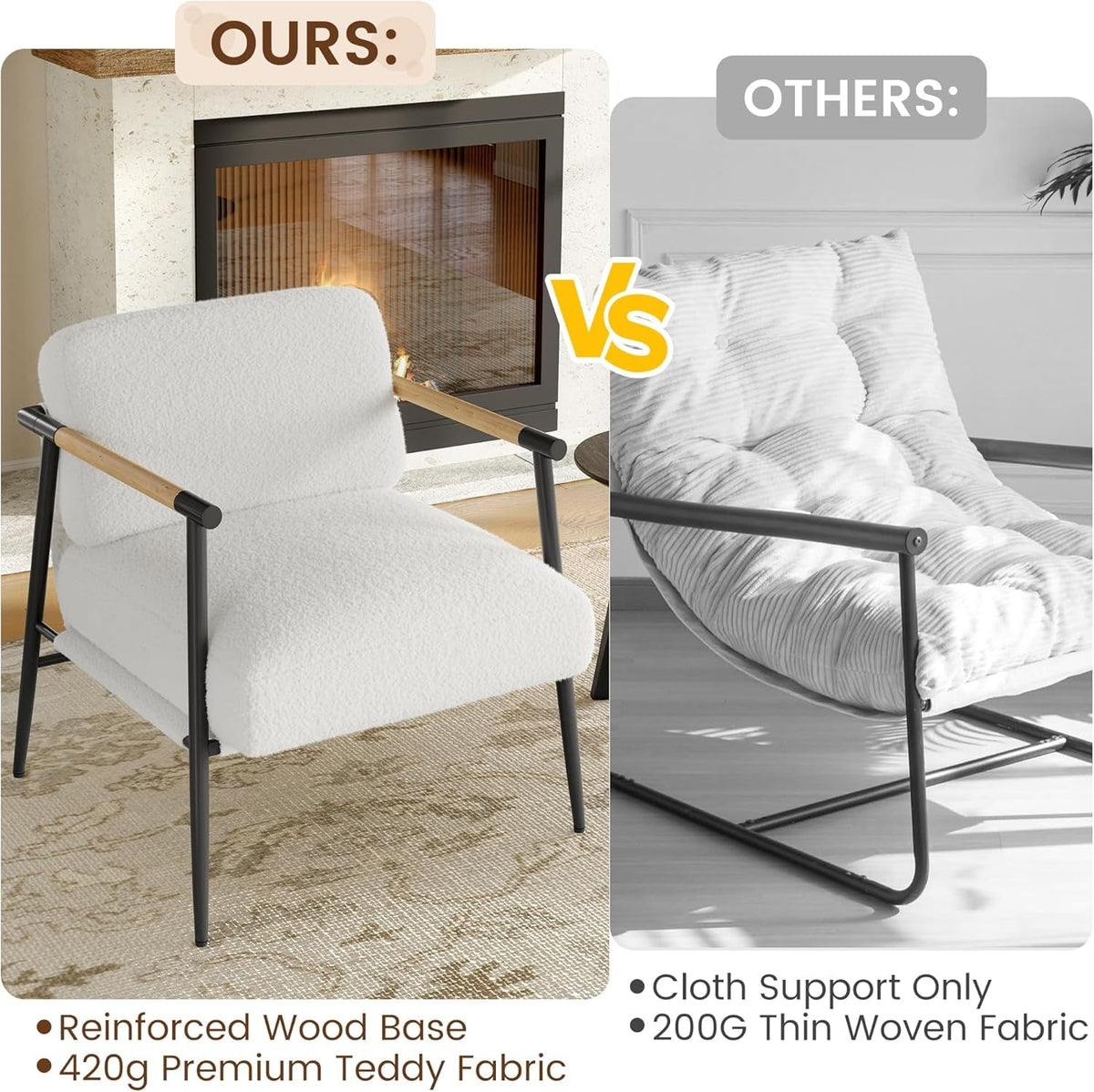 White Modern Accent Chair With Metal Frame And Wood Armrests