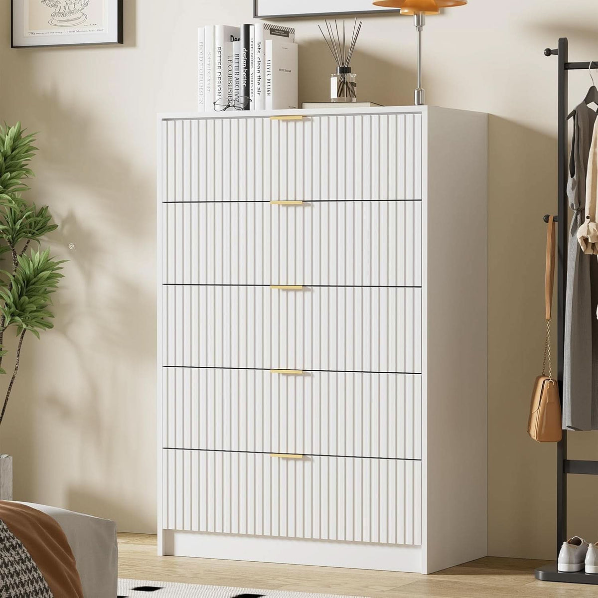 White Modern Dresser With Golden Handles Five Drawers