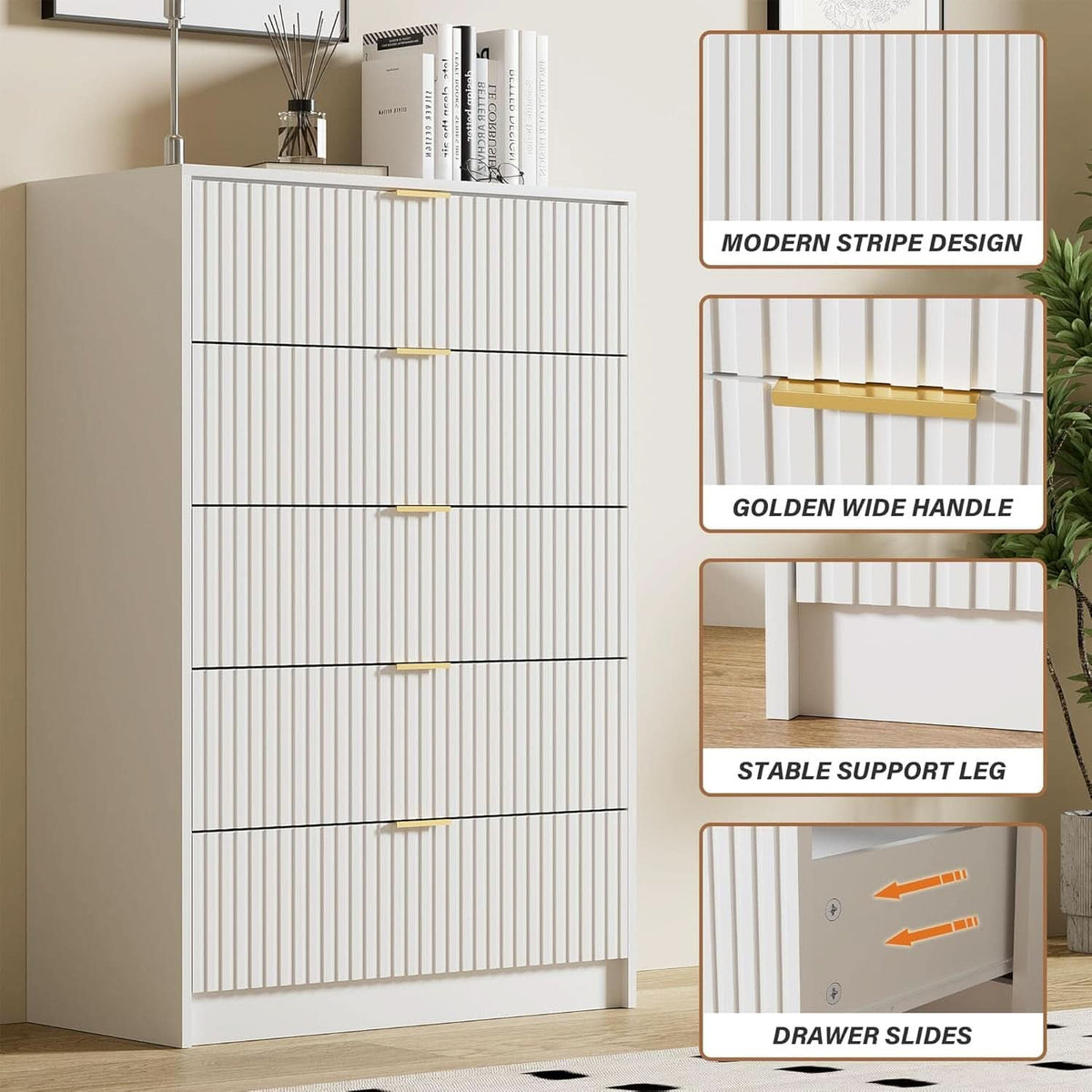 White Modern Dresser With Golden Handles Five Drawers