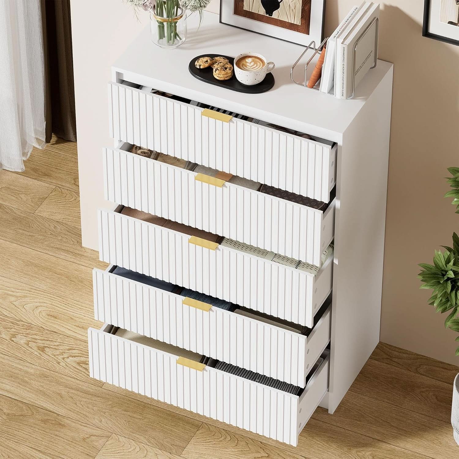 White Modern Dresser With Golden Handles Five Drawers