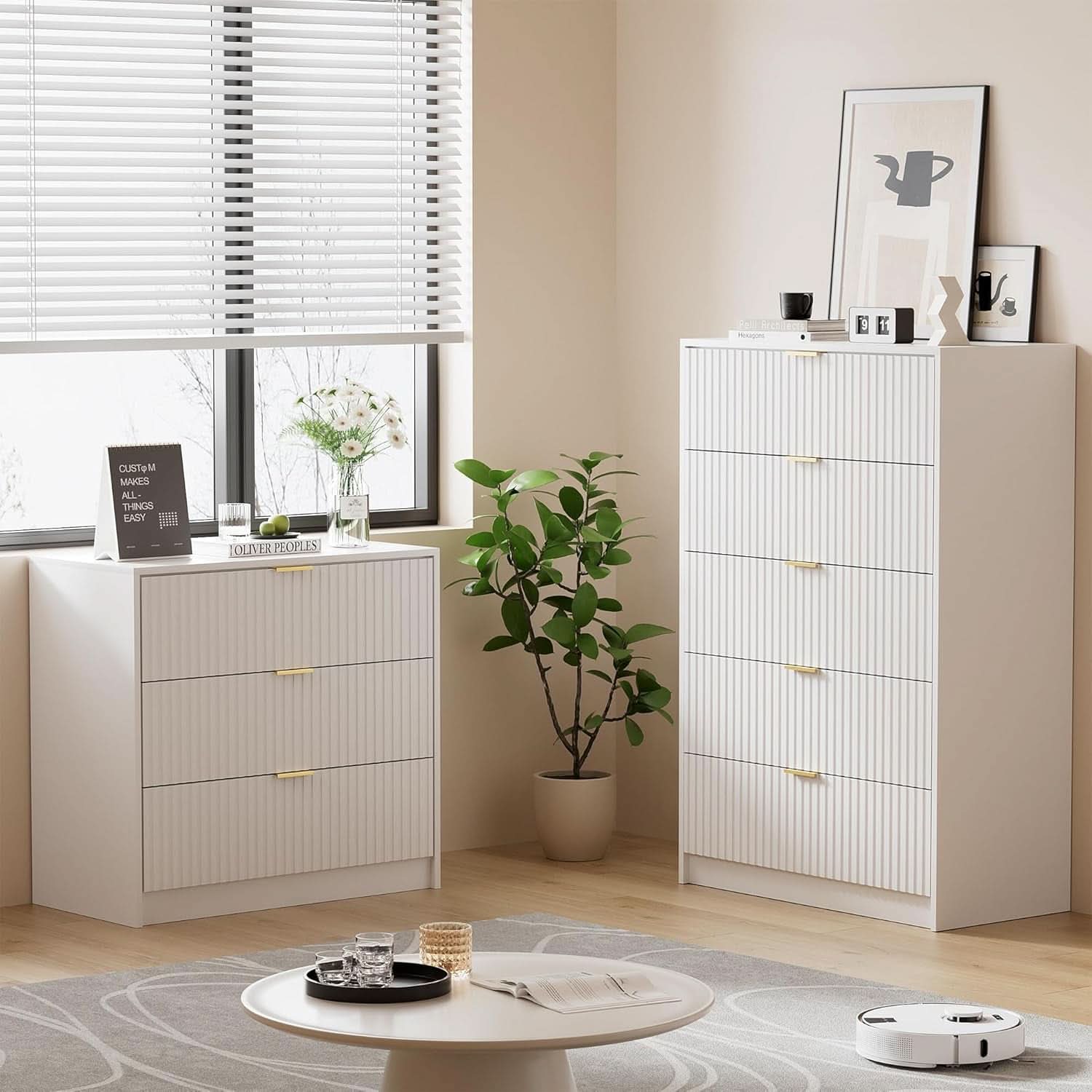 White Modern Dresser With Golden Handles Five Drawers