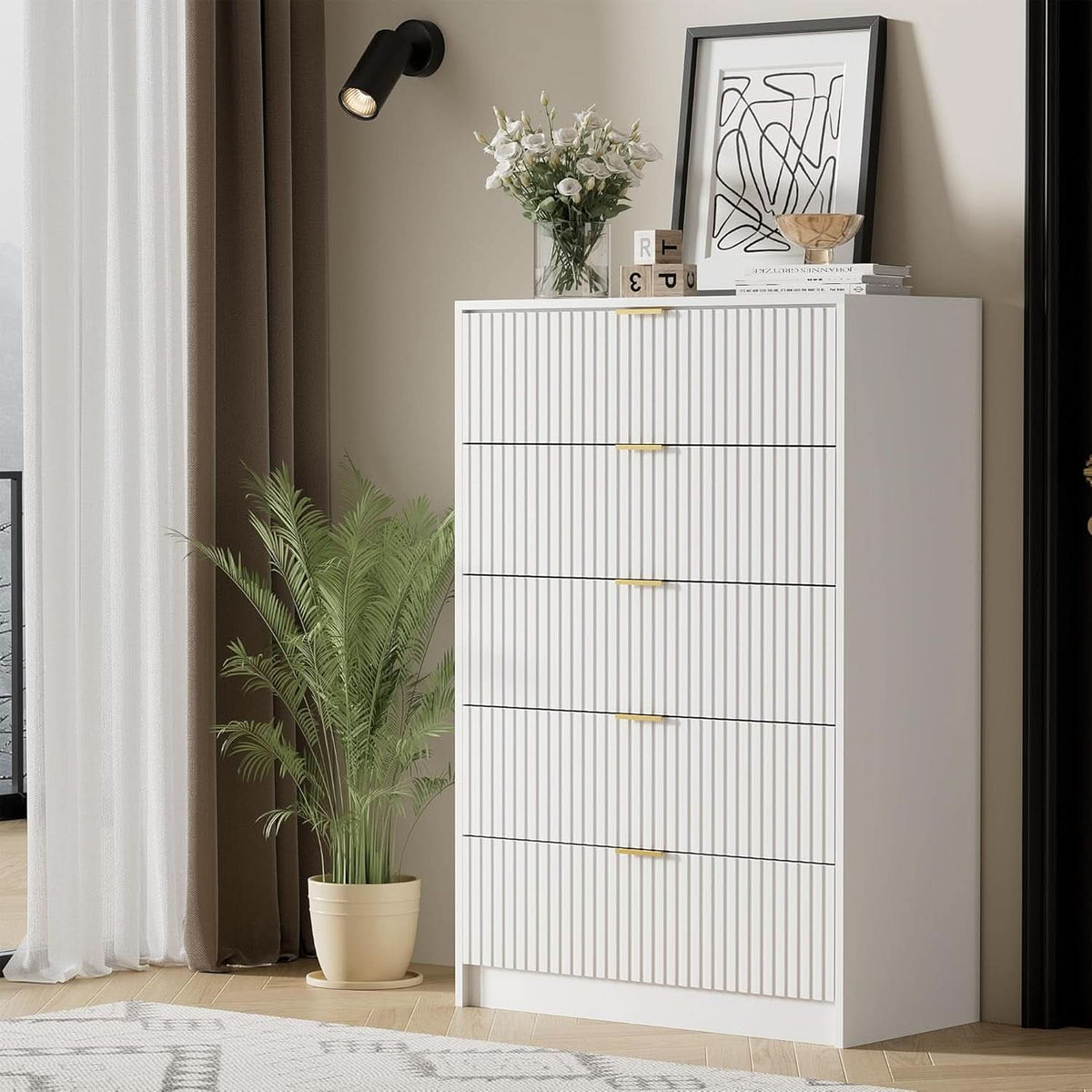 White Modern Dresser With Golden Handles Five Drawers