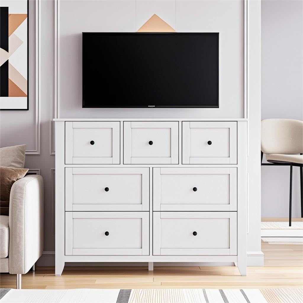 White Modern Seven Drawer Dresser For Bedroom Storage