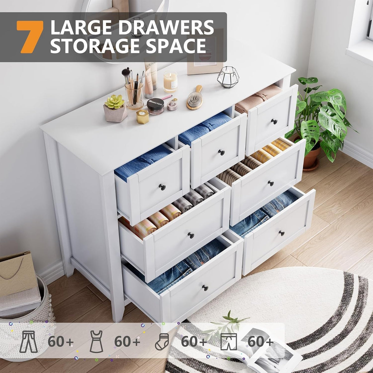 White Modern Seven Drawer Dresser For Bedroom Storage