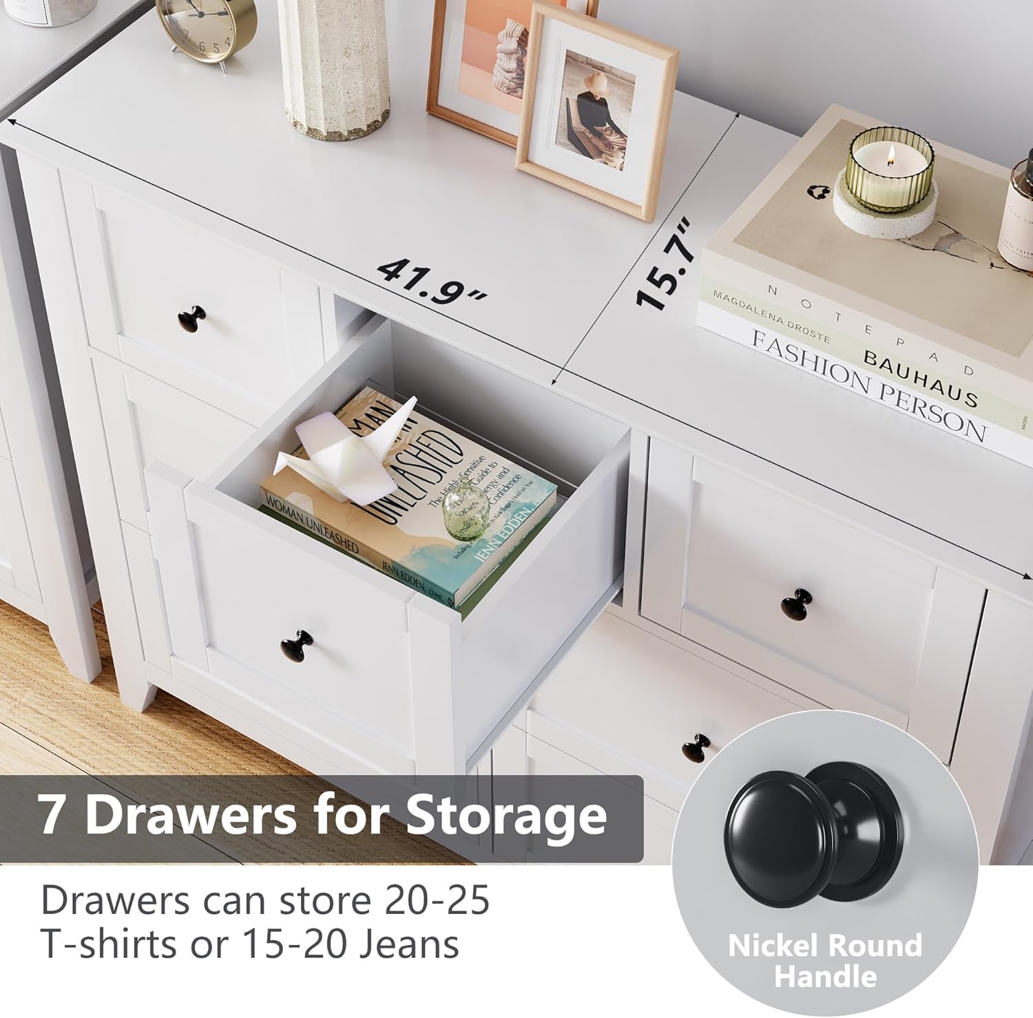 White Modern Seven Drawer Dresser For Bedroom Storage