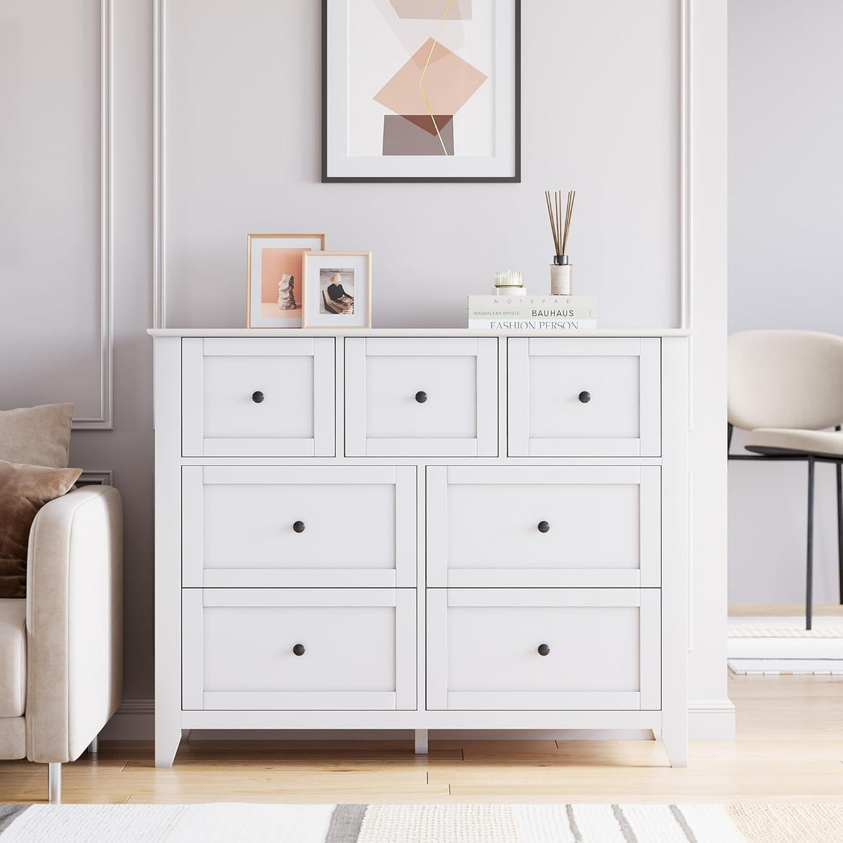 White Modern Seven Drawer Dresser For Bedroom Storage