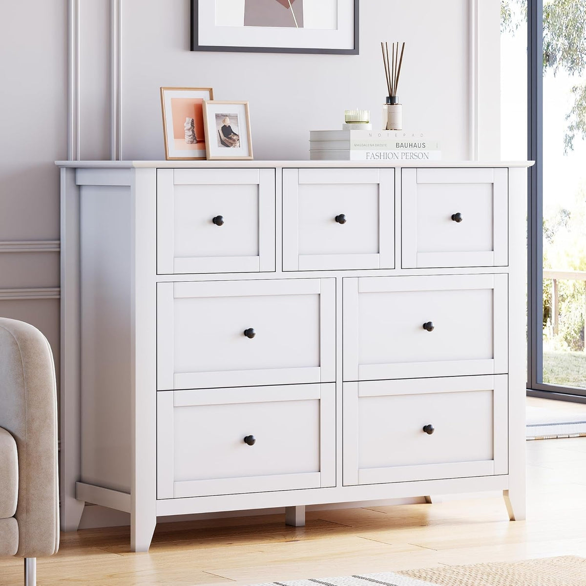 White Modern Seven Drawer Dresser For Bedroom Storage