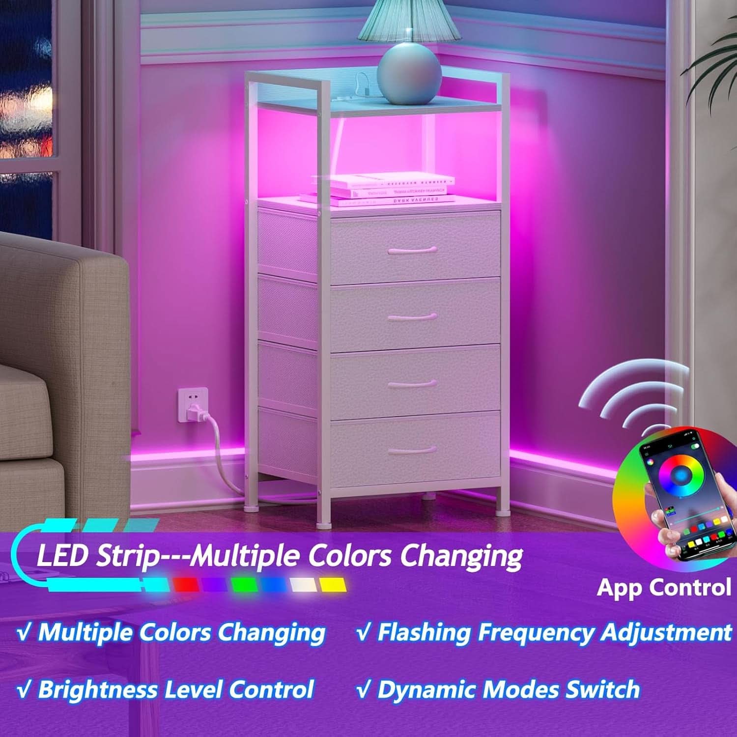 White Nightstand With Charging Station And RGB LED Lighting