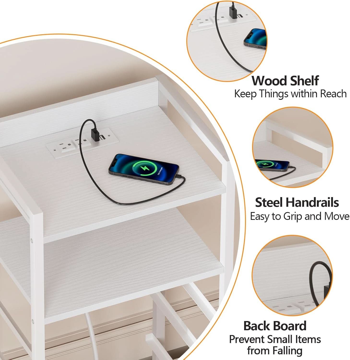 White Nightstand With Charging Station And RGB LED Lighting
