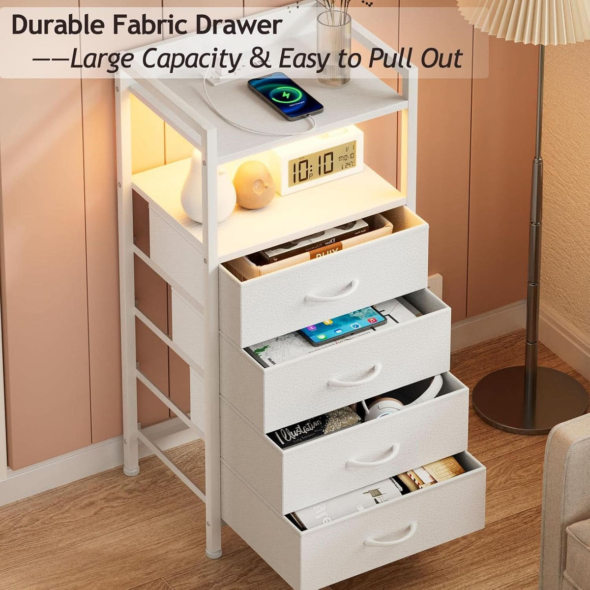 White Nightstand With Charging Station And RGB LED Lighting