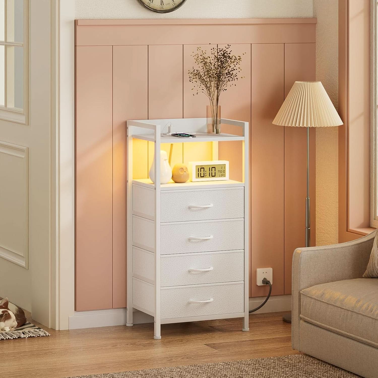 White Nightstand With Charging Station And RGB LED Lighting