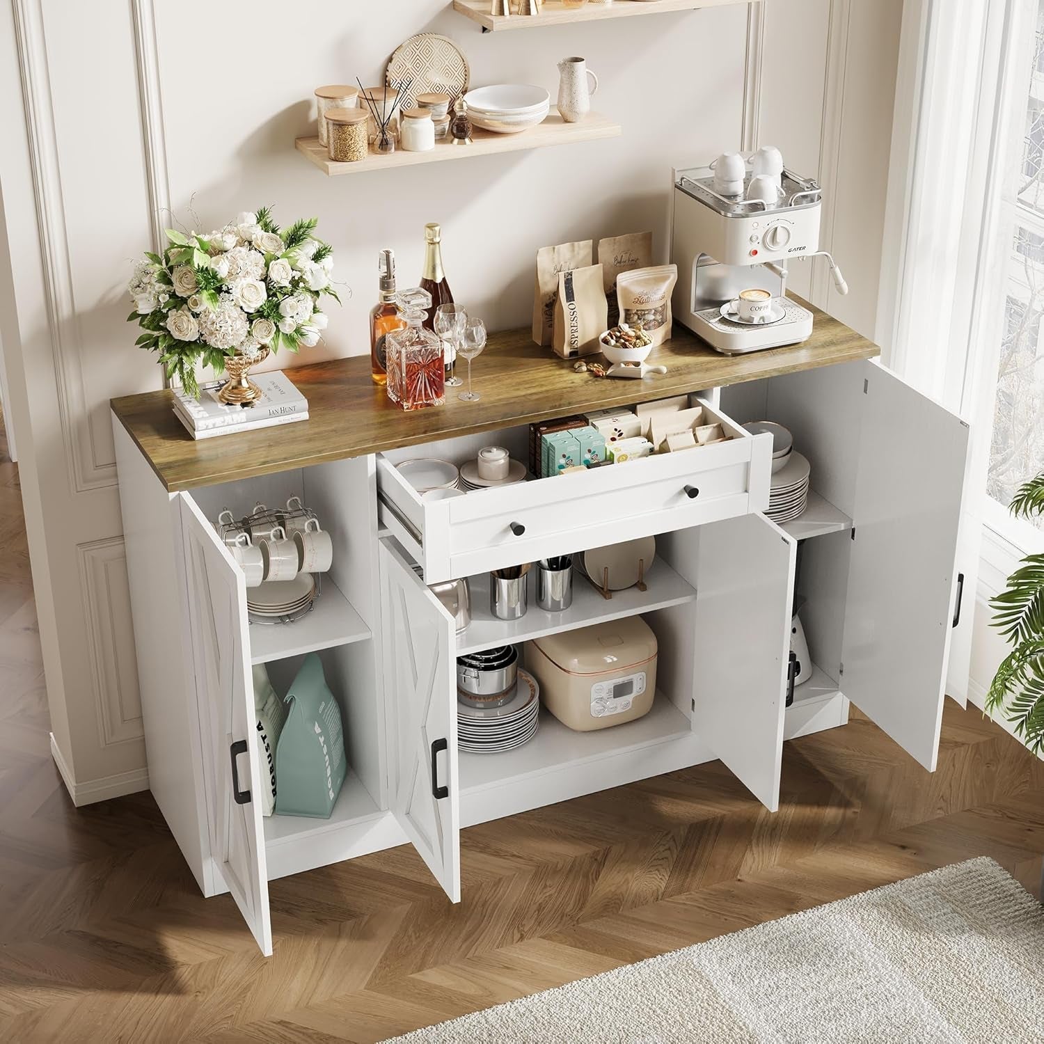 White Oak Wood Sideboard Buffet Cabinet With Doors