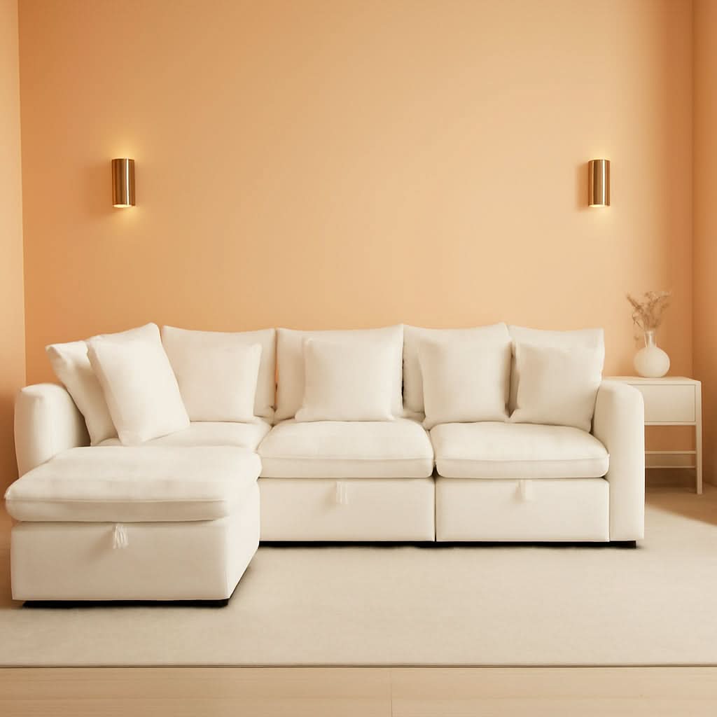 White OneThirtyThreeInch Modular Sectional Sofa Hidden Storage