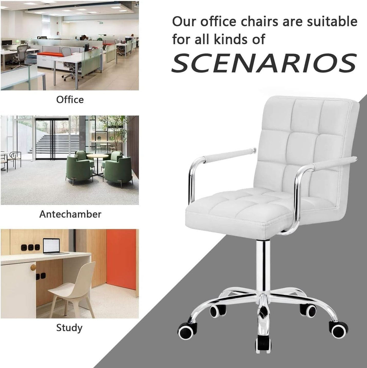 White PU Leather Desk Chair With Wheels Mid Back Office Chair